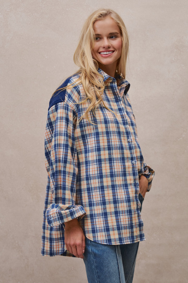 Oversized Plaid Flannel Shacket in Blue - Women's Wholesale Shirts & Blouses | Trend Notes
