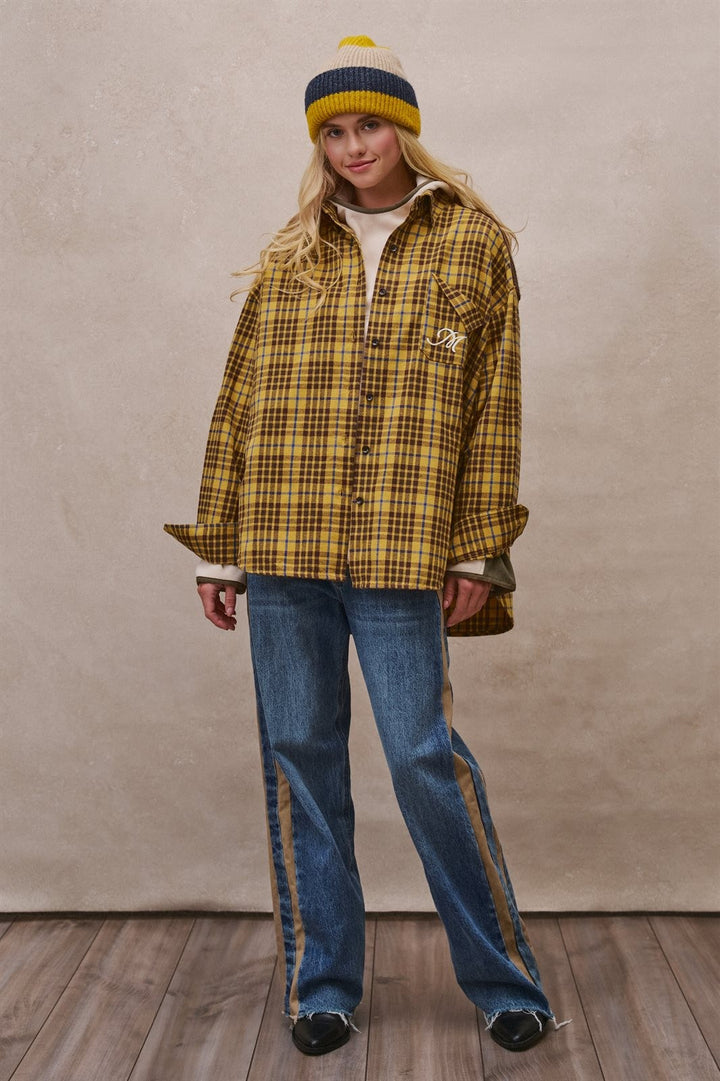 Oversized Plaid Flannel Shacket in Mustard - Women's Wholesale Shirts & Blouses | Trend Notes