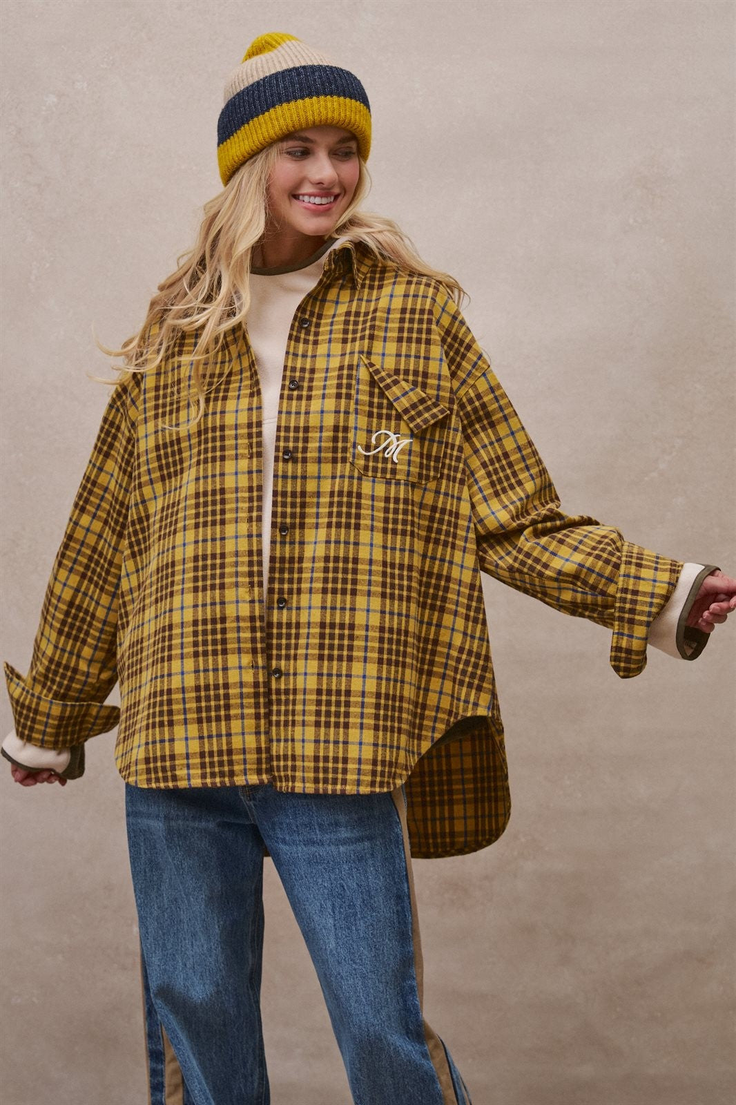 Oversized Plaid Flannel Shacket in Mustard - Women's Wholesale Shirts & Blouses | Trend Notes