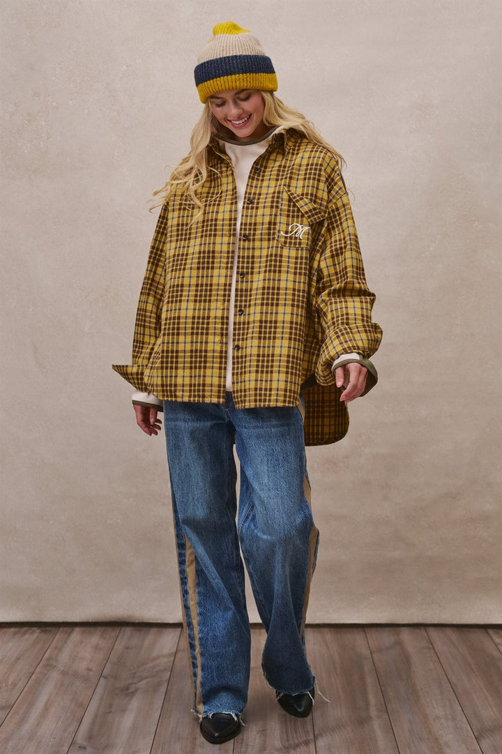 Oversized Plaid Flannel Shacket in Mustard - Women's Wholesale Shirts & Blouses | Trend Notes