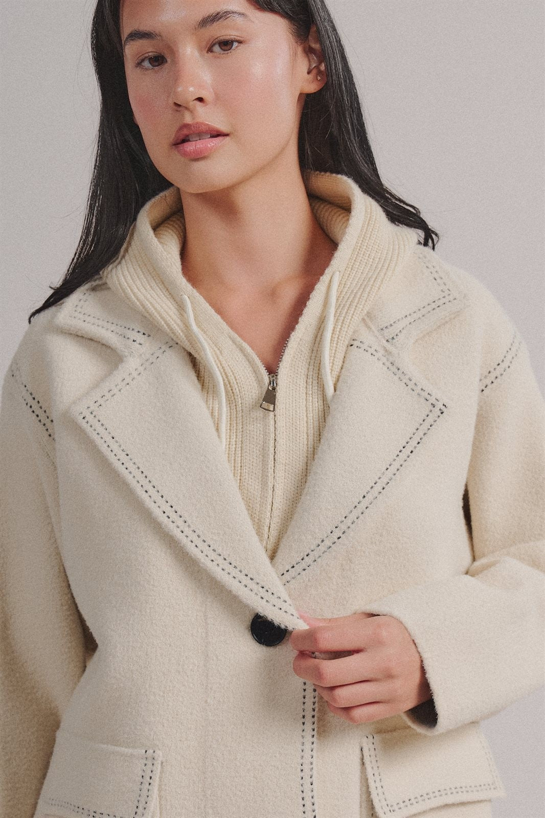 Hooded Sweater Knit Coat With Contrast Topstitch in Ivory - Women's Wholesale Coats | Trend Notes