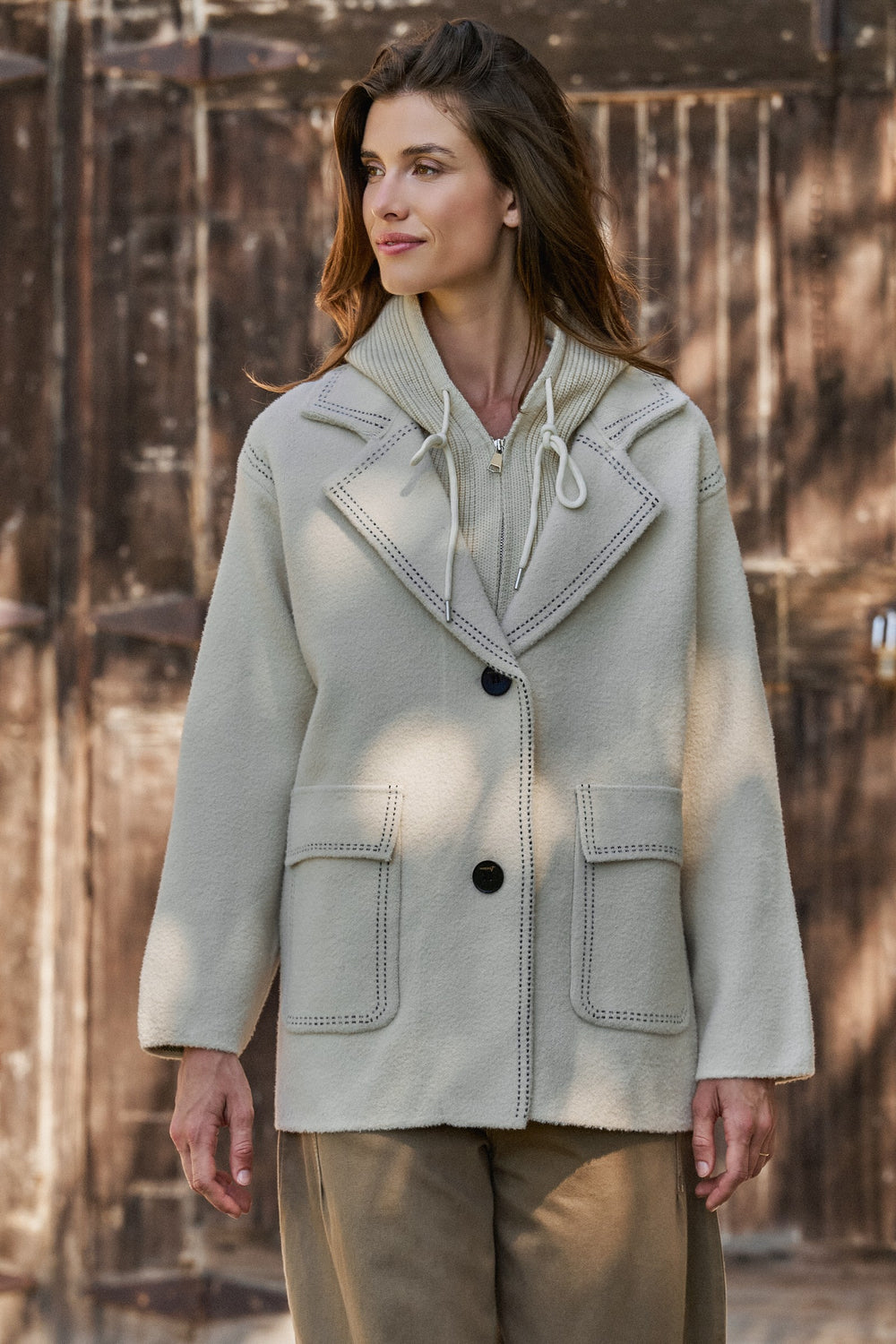 Hooded Sweater Knit Coat With Contrast Topstitch in Ivory - Women's Wholesale Coats | Trend Notes