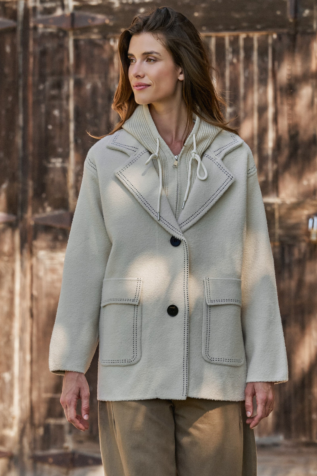 Hooded Sweater Knit Coat With Contrast Topstitch in Ivory - Women's Wholesale Coats | Trend Notes