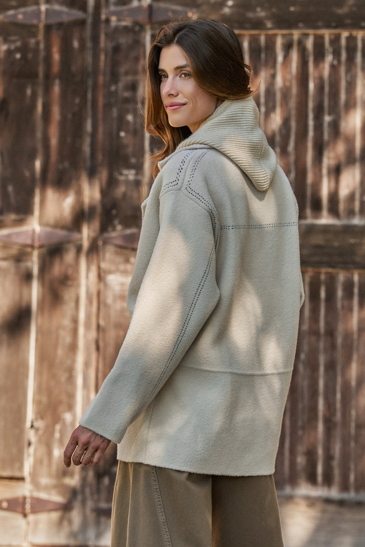 Hooded Sweater Knit Coat With Contrast Topstitch in Ivory - Women's Wholesale Coats | Trend Notes