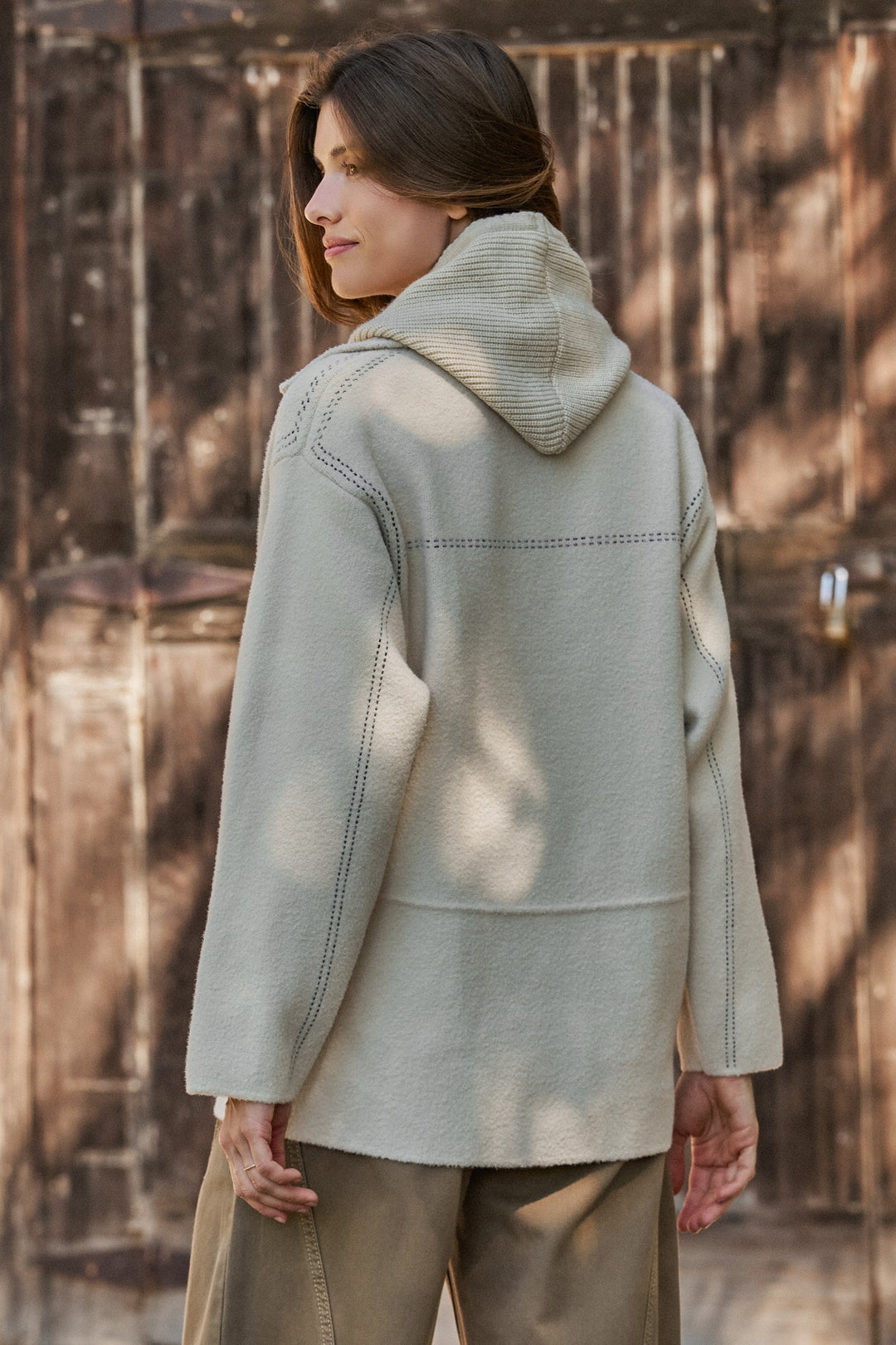Hooded Sweater Knit Coat With Contrast Topstitch in Ivory - Women's Wholesale Coats | Trend Notes