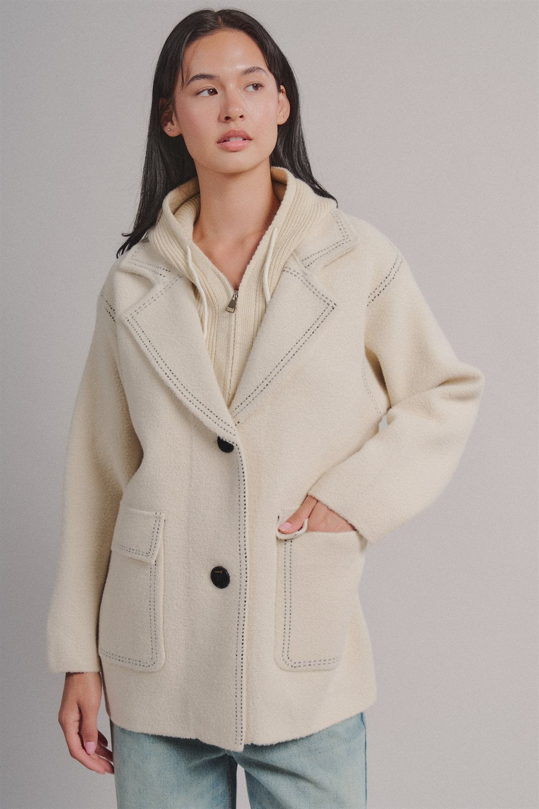 Hooded Sweater Knit Coat With Contrast Topstitch in Ivory - Women's Wholesale Coats | Trend Notes