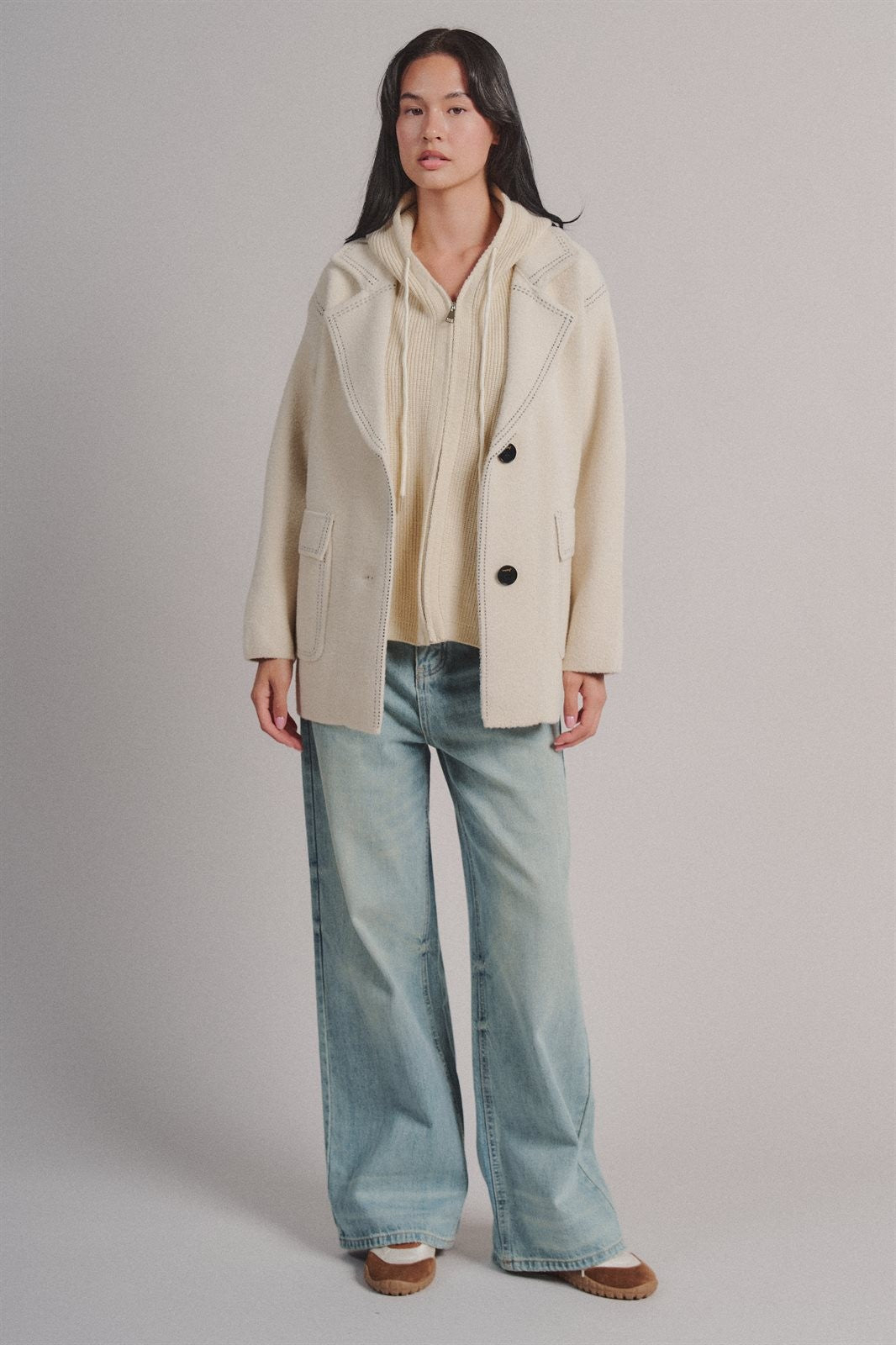 Hooded Sweater Knit Coat With Contrast Topstitch in Ivory - Women's Wholesale Coats | Trend Notes