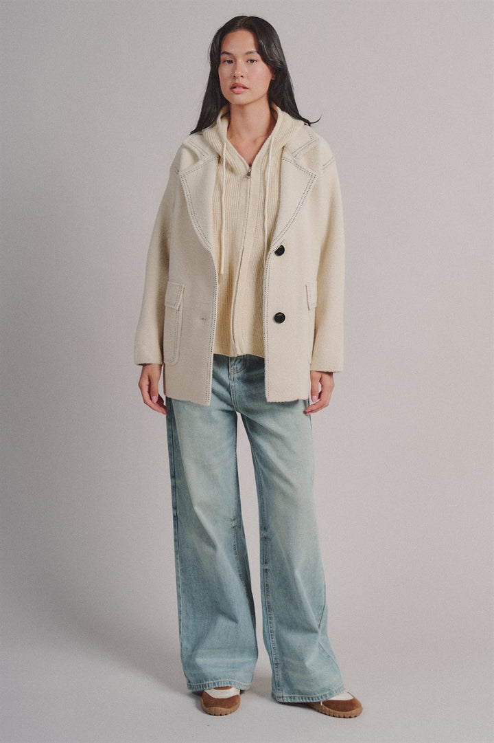 Hooded Sweater Knit Coat With Contrast Topstitch in Ivory - Women's Wholesale Coats | Trend Notes