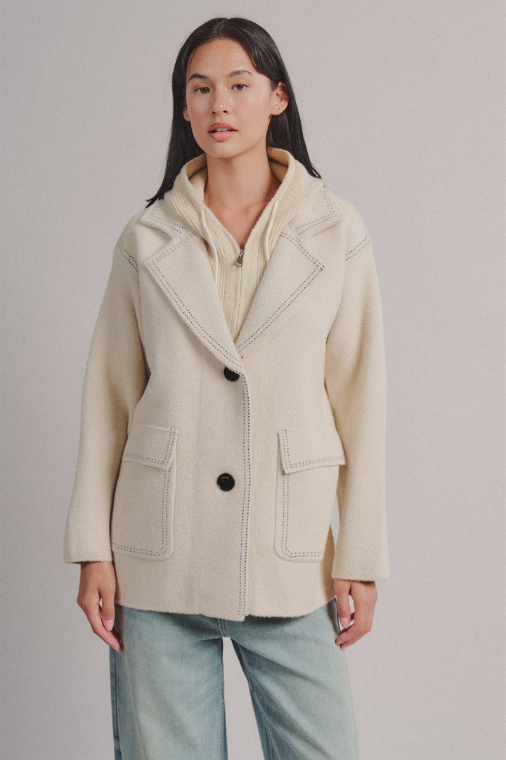 Hooded Sweater Knit Coat With Contrast Topstitch in Ivory - Women's Wholesale Coats | Trend Notes