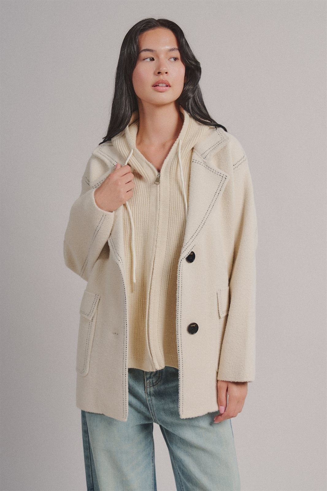Hooded Sweater Knit Coat With Contrast Topstitch in Ivory - Women's Wholesale Coats | Trend Notes