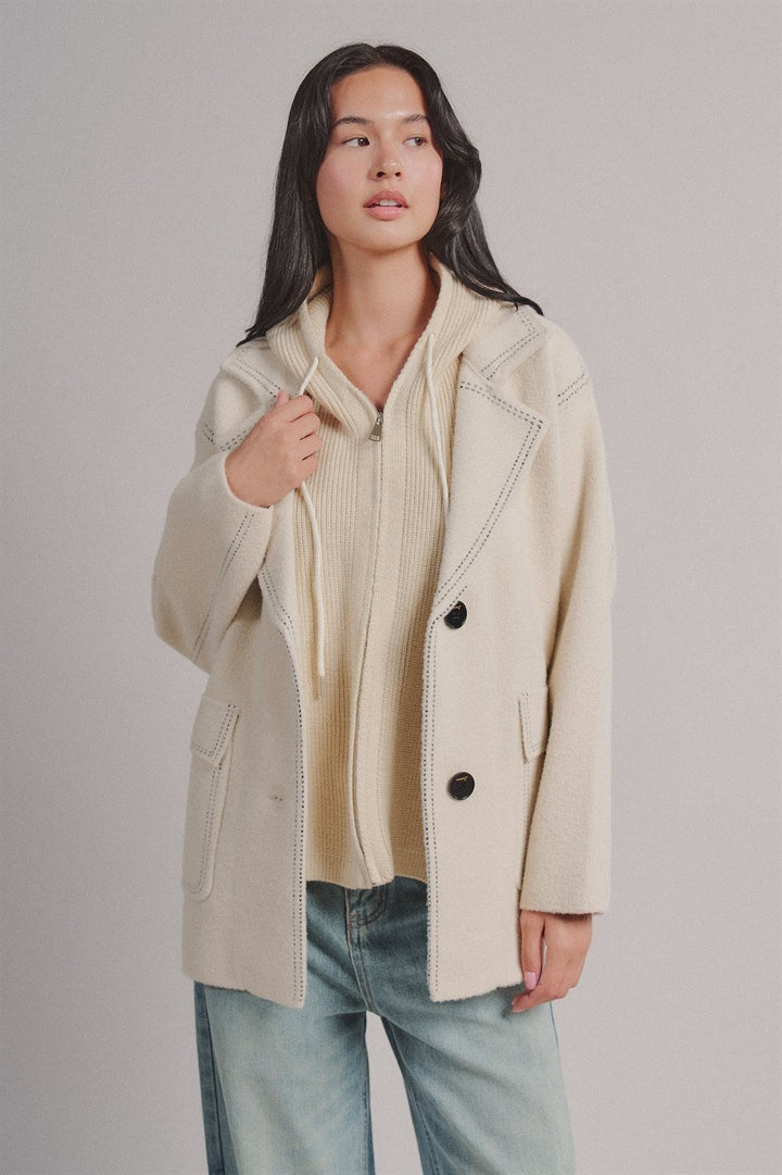 Hooded Sweater Knit Coat With Contrast Topstitch in Ivory - Women's Wholesale Coats | Trend Notes