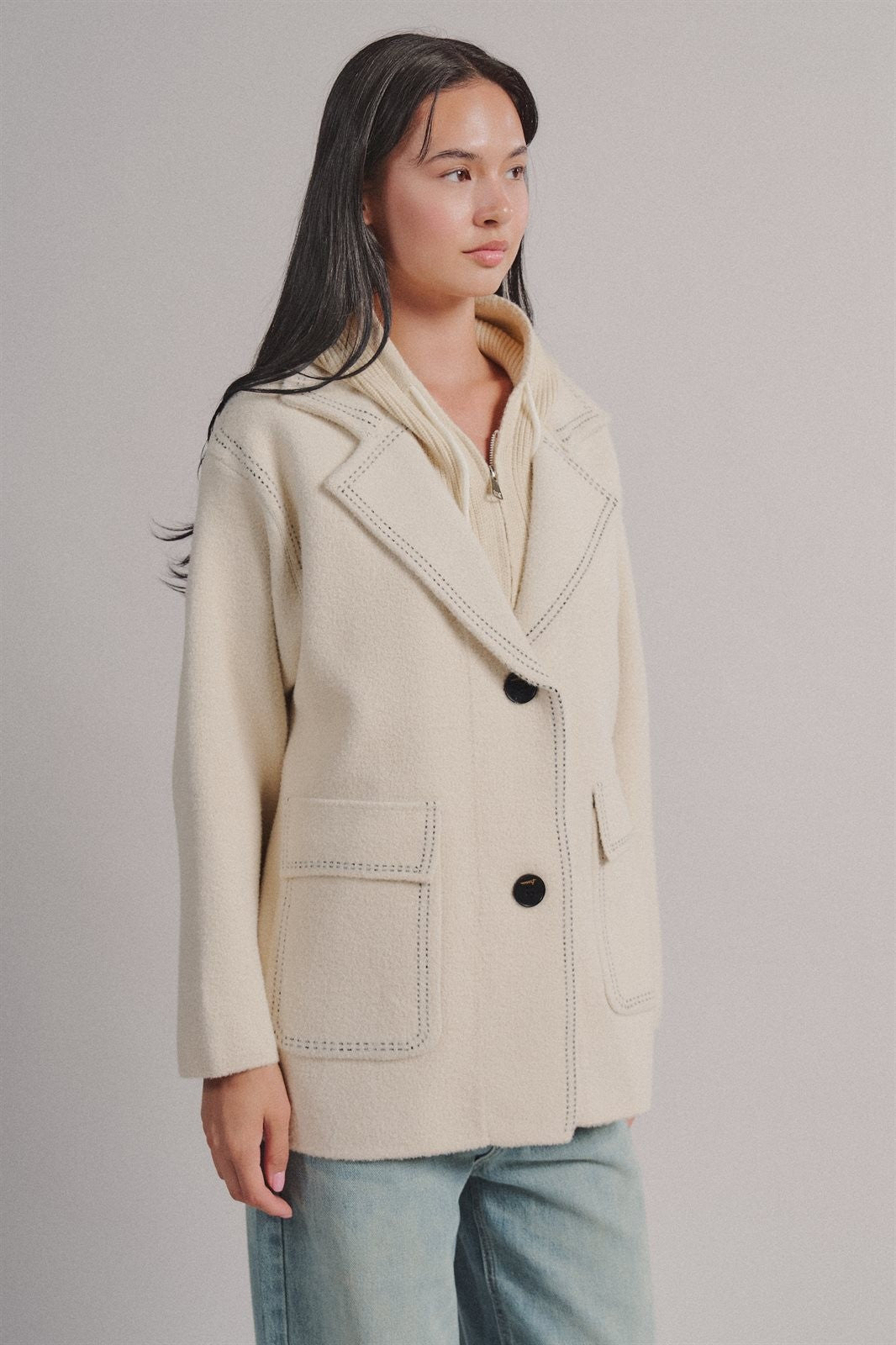 Hooded Sweater Knit Coat With Contrast Topstitch in Ivory - Women's Wholesale Coats | Trend Notes
