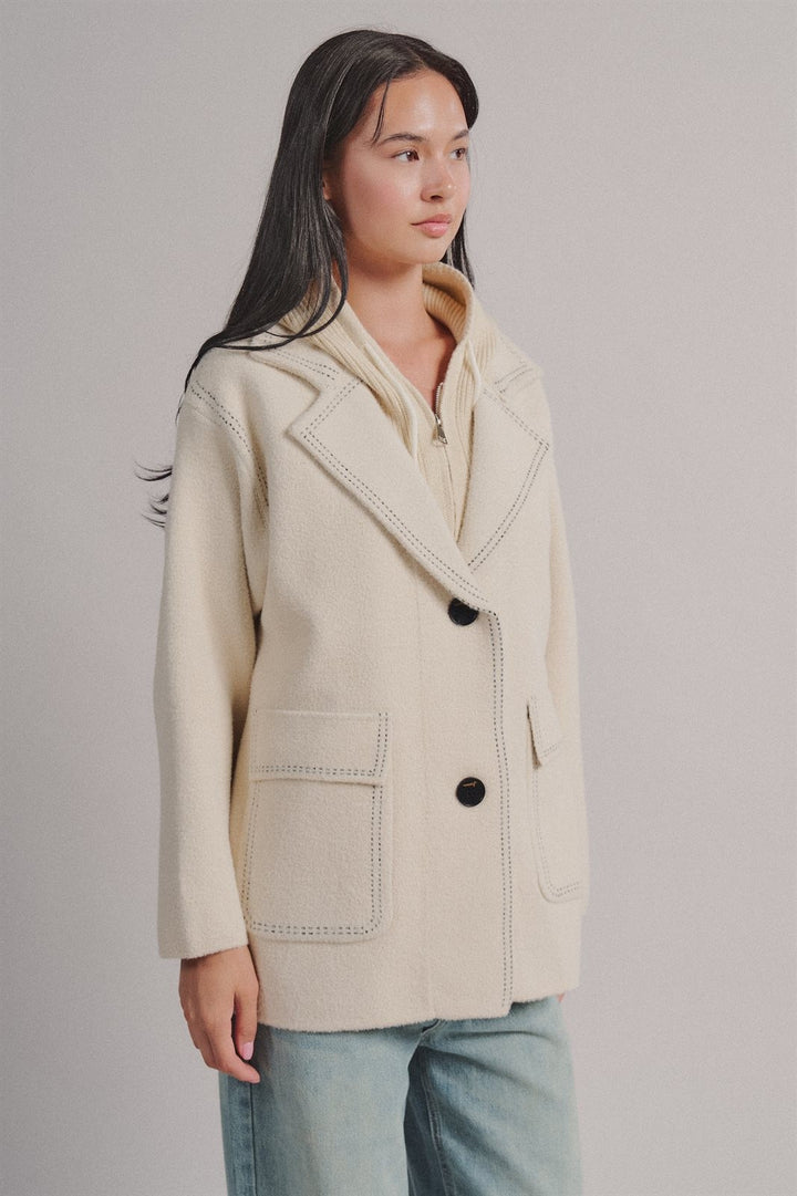 Hooded Sweater Knit Coat With Contrast Topstitch in Ivory - Women's Wholesale Coats | Trend Notes