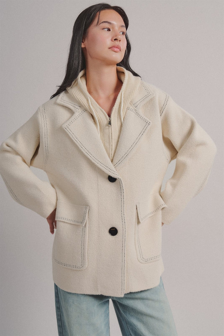 Hooded Sweater Knit Coat With Contrast Topstitch in Ivory - Women's Wholesale Coats | Trend Notes