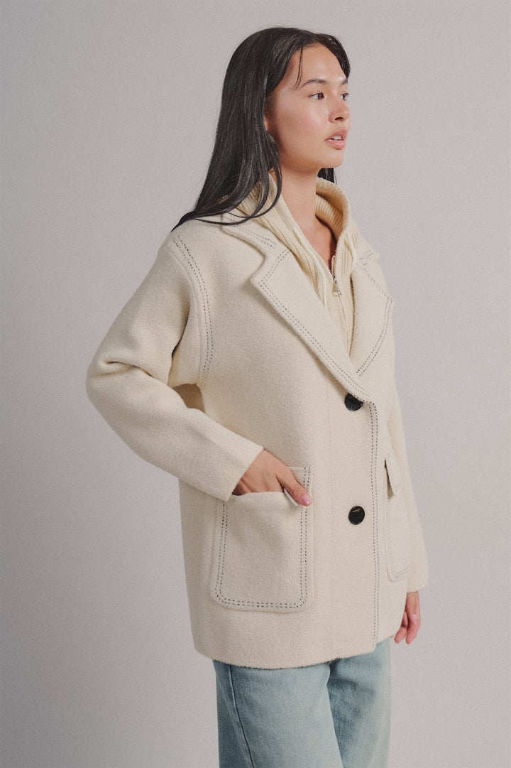 Hooded Sweater Knit Coat With Contrast Topstitch in Ivory - Women's Wholesale Coats | Trend Notes