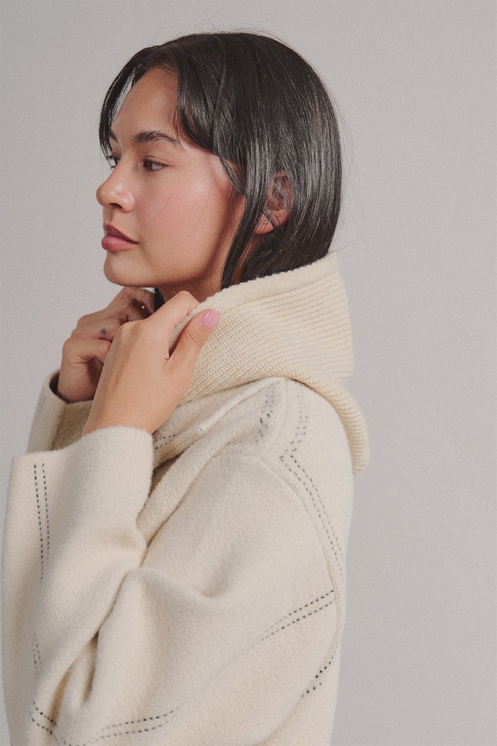 Hooded Sweater Knit Coat With Contrast Topstitch in Ivory - Women's Wholesale Coats | Trend Notes