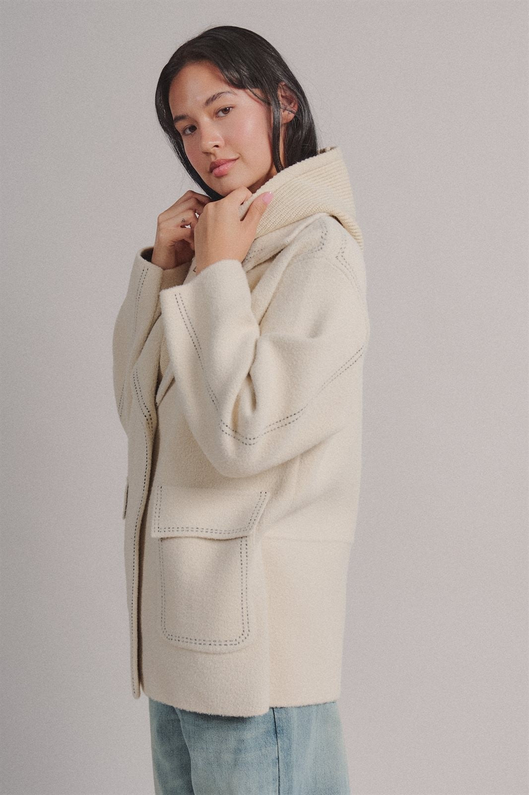 Hooded Sweater Knit Coat With Contrast Topstitch in Ivory - Women's Wholesale Coats | Trend Notes