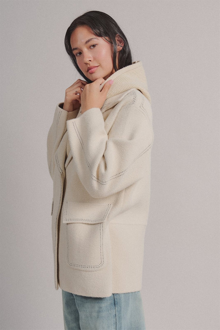 Hooded Sweater Knit Coat With Contrast Topstitch in Ivory - Women's Wholesale Coats | Trend Notes