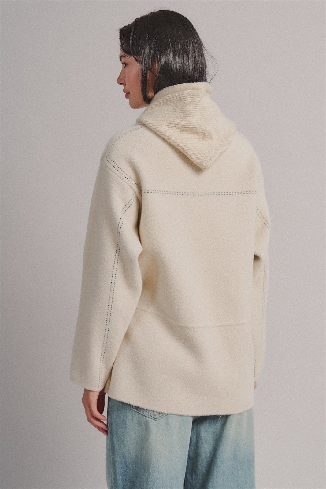 Hooded Sweater Knit Coat With Contrast Topstitch in Ivory - Women's Wholesale Coats | Trend Notes
