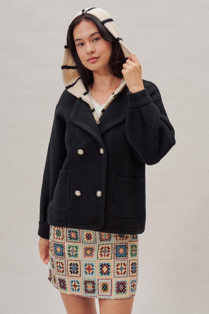 Double Breasted Sweater Coat With Striped Hood in Black - Women's Wholesale Coats | Trend Notes