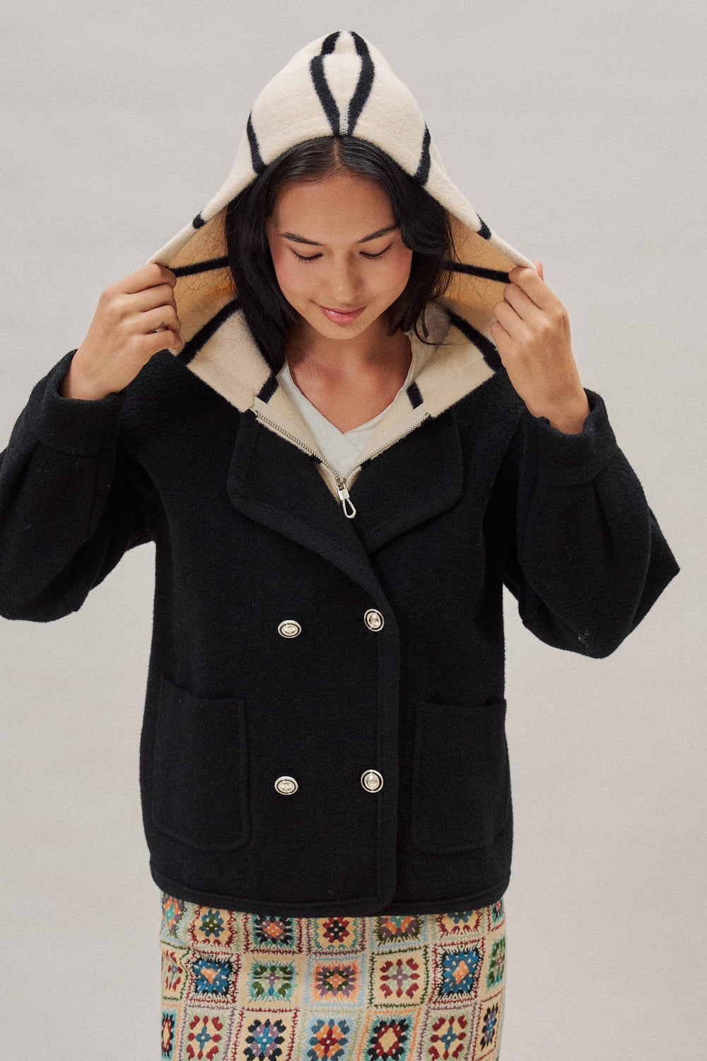 Double Breasted Sweater Coat With Striped Hood in Black - Women's Wholesale Coats | Trend Notes