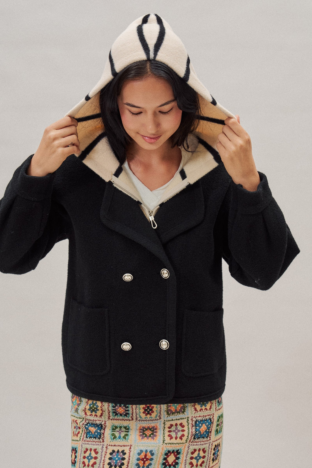Double Breasted Sweater Coat With Striped Hood in Black - Women's Wholesale Coats | Trend Notes