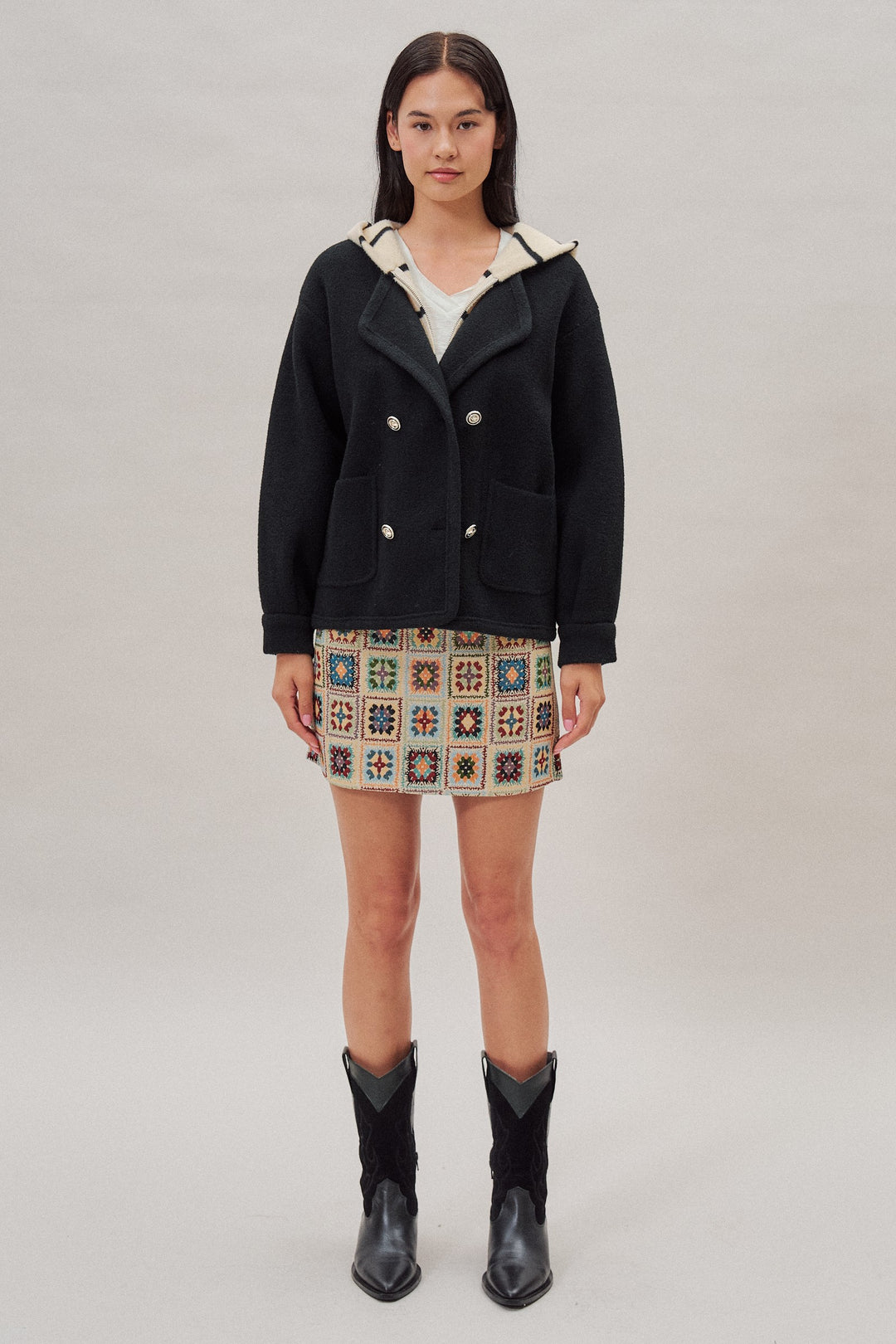 Double Breasted Sweater Coat With Striped Hood in Black - Women's Wholesale Coats | Trend Notes