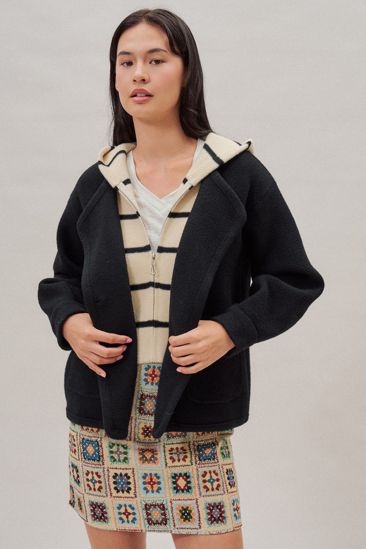 Double Breasted Sweater Coat With Striped Hood in Black - Women's Wholesale Coats | Trend Notes