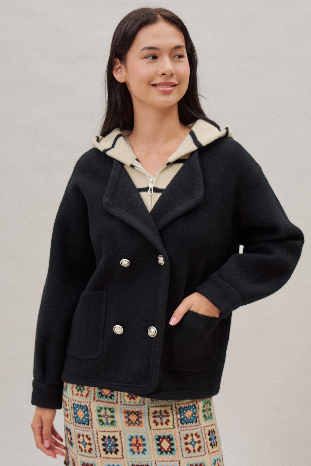 Double Breasted Sweater Coat With Striped Hood in Black - Women's Wholesale Coats | Trend Notes