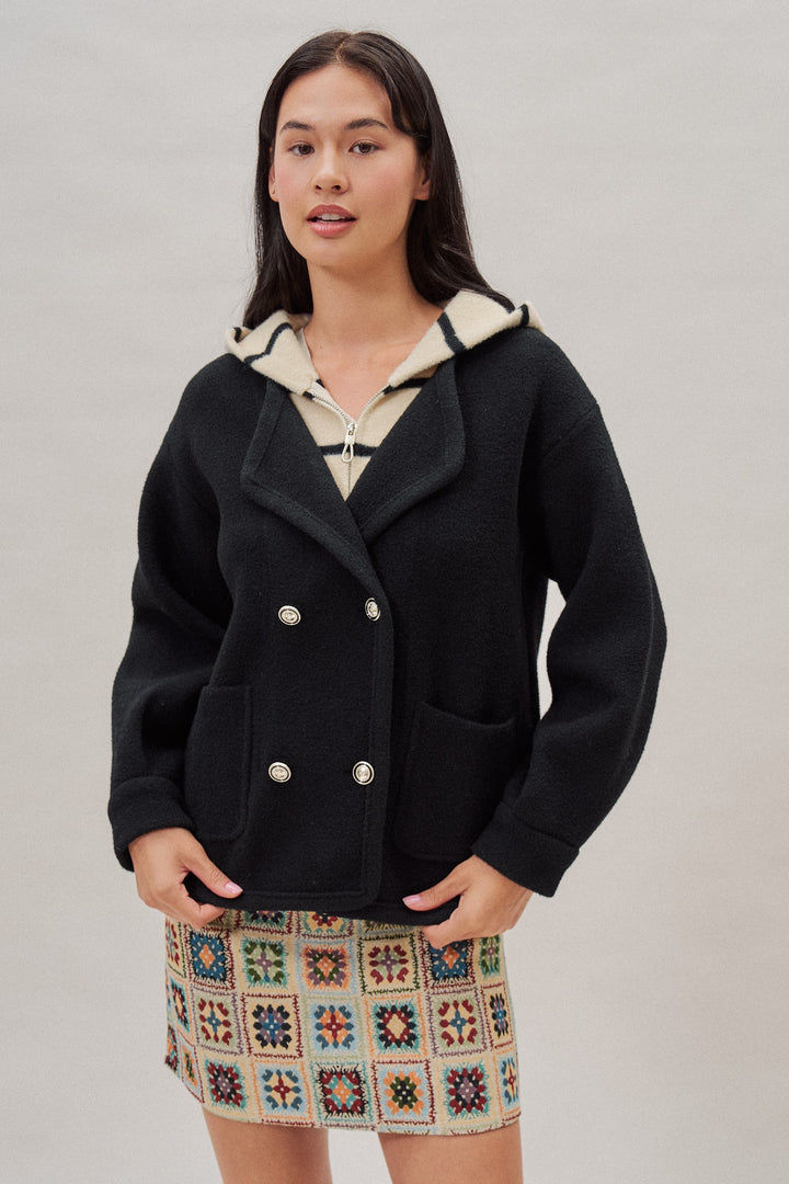 Double Breasted Sweater Coat With Striped Hood in Black - Women's Wholesale Coats | Trend Notes