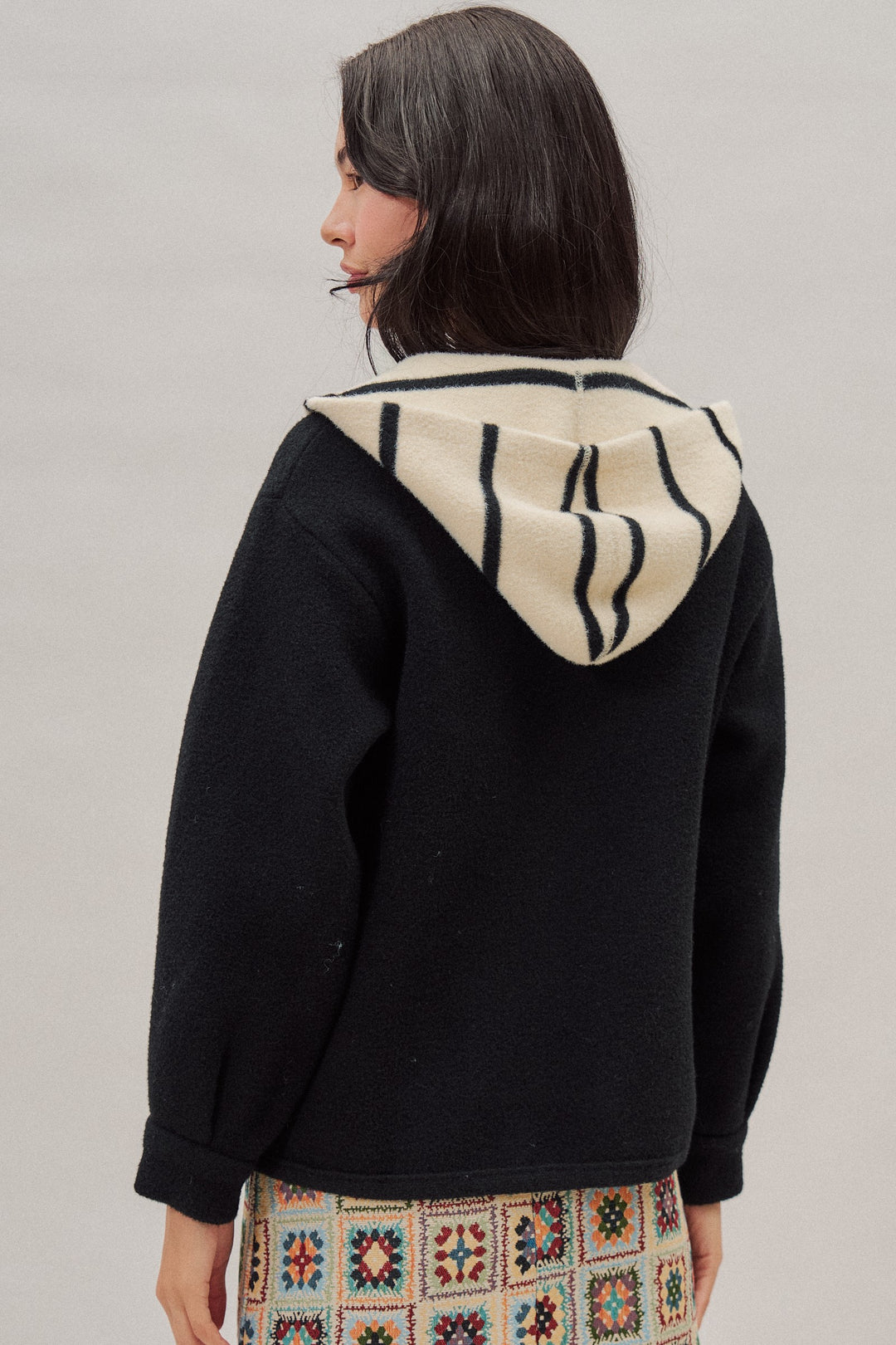 Double Breasted Sweater Coat With Striped Hood in Black - Women's Wholesale Coats | Trend Notes