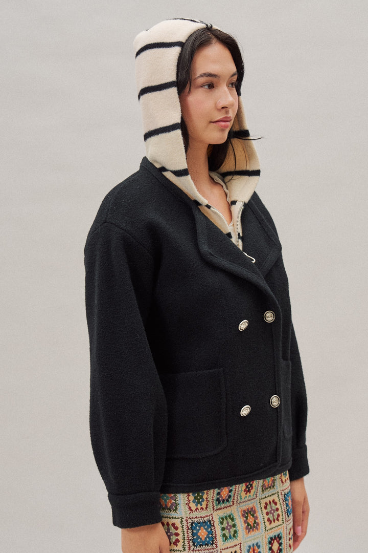 Double Breasted Sweater Coat With Striped Hood in Black - Women's Wholesale Coats | Trend Notes