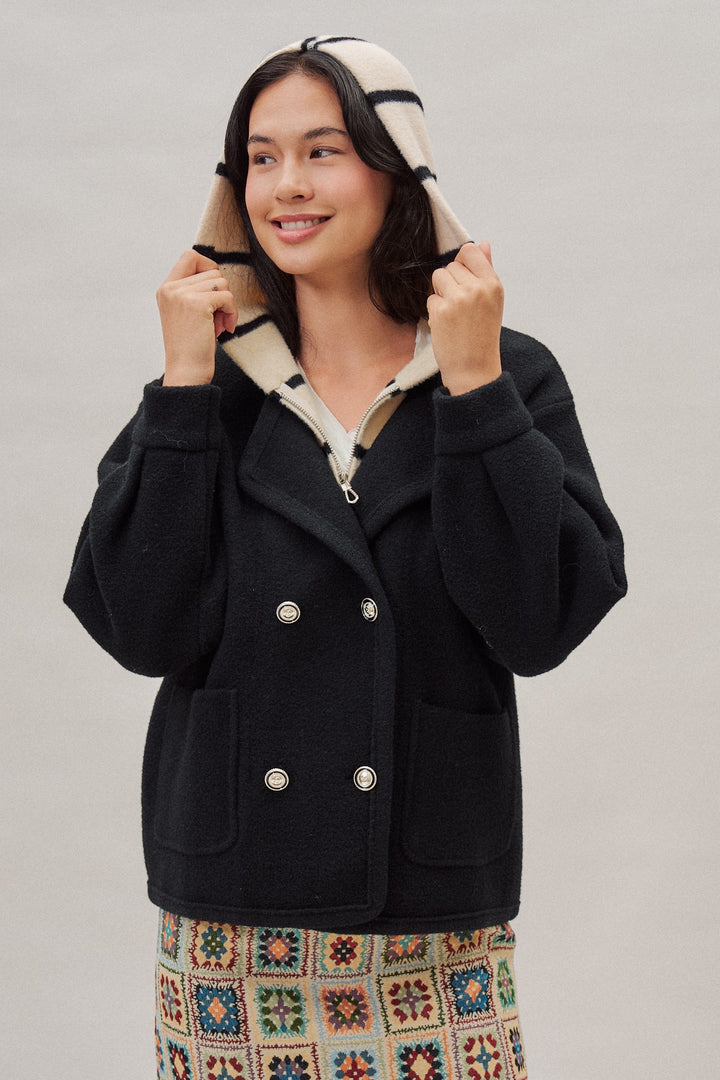 Double Breasted Sweater Coat With Striped Hood in Black - Women's Wholesale Coats | Trend Notes