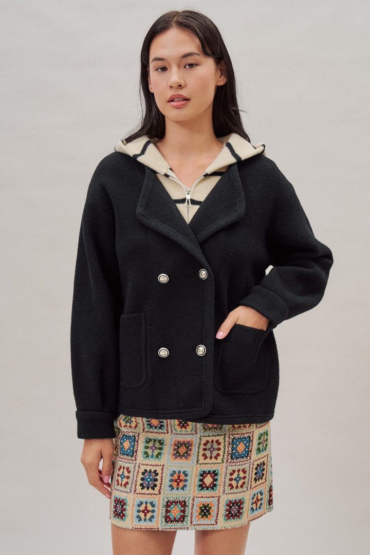 Double Breasted Sweater Coat With Striped Hood in Black - Women's Wholesale Coats | Trend Notes