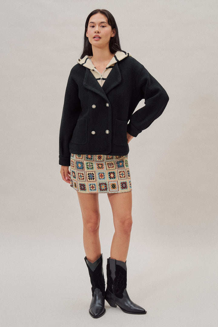 Double Breasted Sweater Coat With Striped Hood in Black - Women's Wholesale Coats | Trend Notes