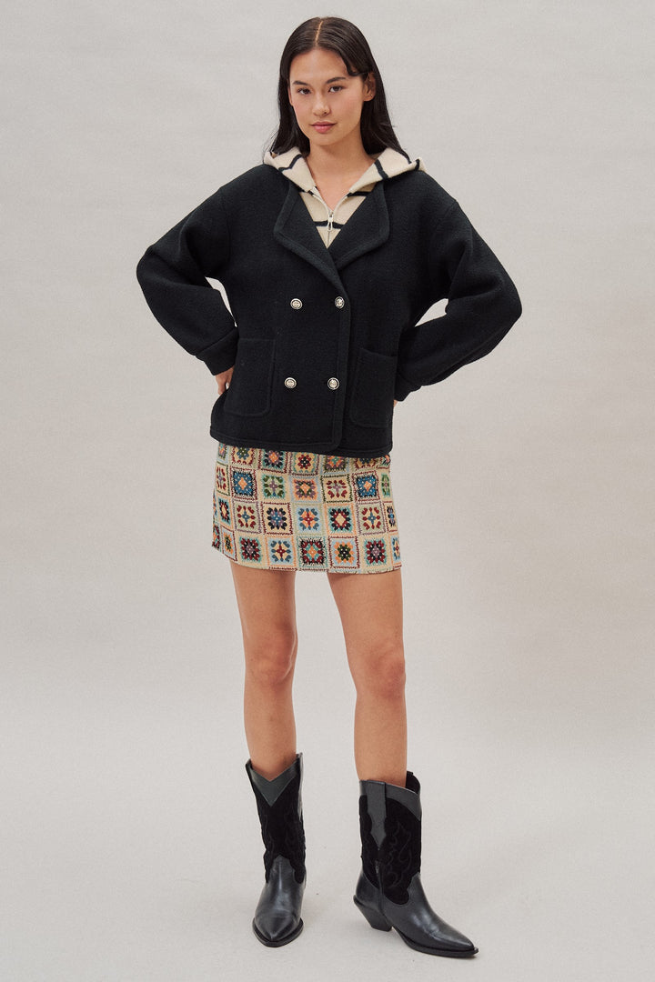 Double Breasted Sweater Coat With Striped Hood in Black - Women's Wholesale Coats | Trend Notes
