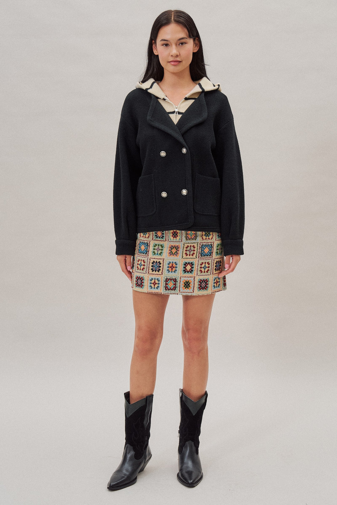Double Breasted Sweater Coat With Striped Hood in Black - Women's Wholesale Coats | Trend Notes