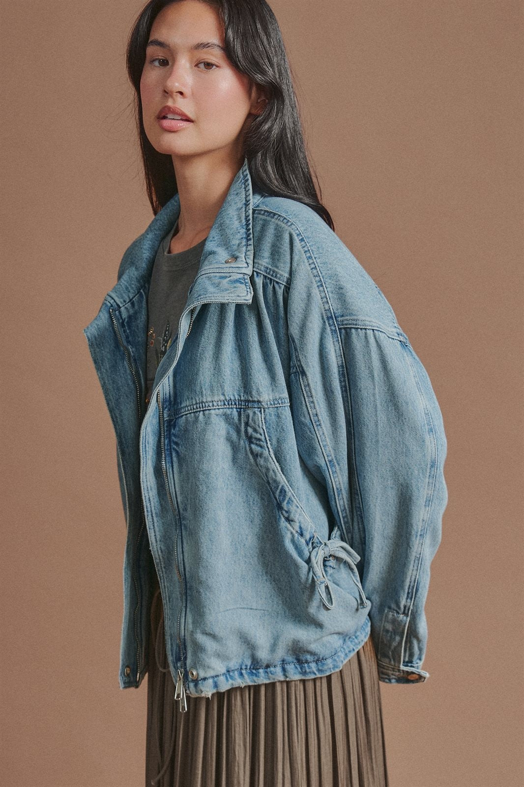 Vintage Washed Drawstring Denim Jacket with Stand Collar in Denim - Women's Wholesale Fashion | Trend Notes