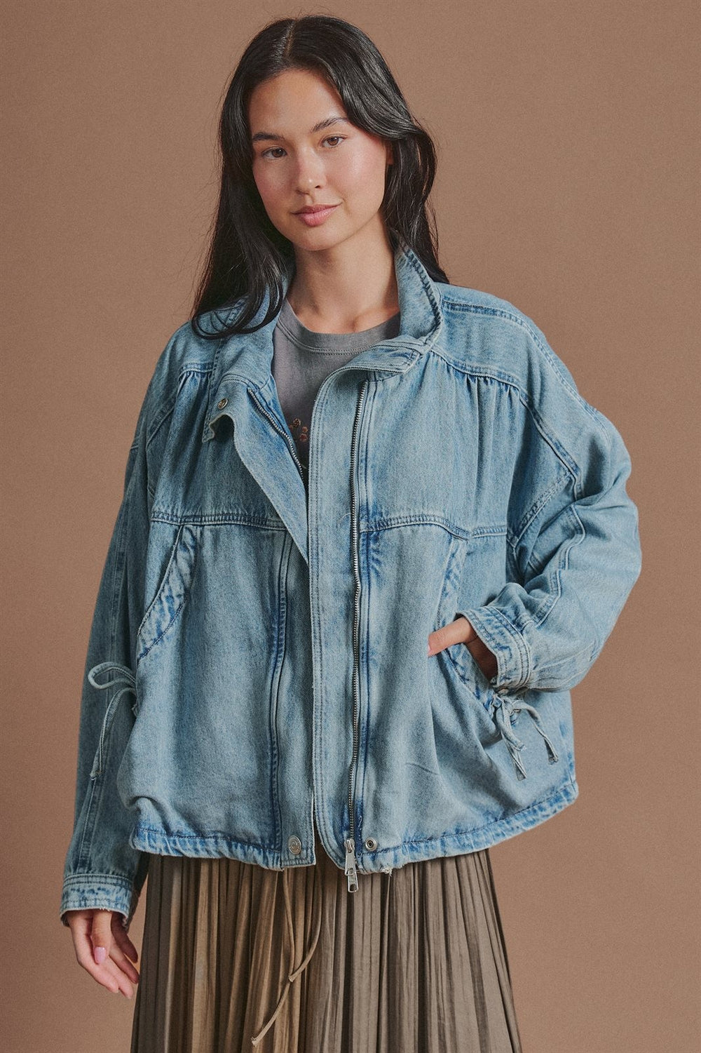 Vintage Washed Drawstring Denim Jacket with Stand Collar in Denim - Women's Wholesale Fashion | Trend Notes
