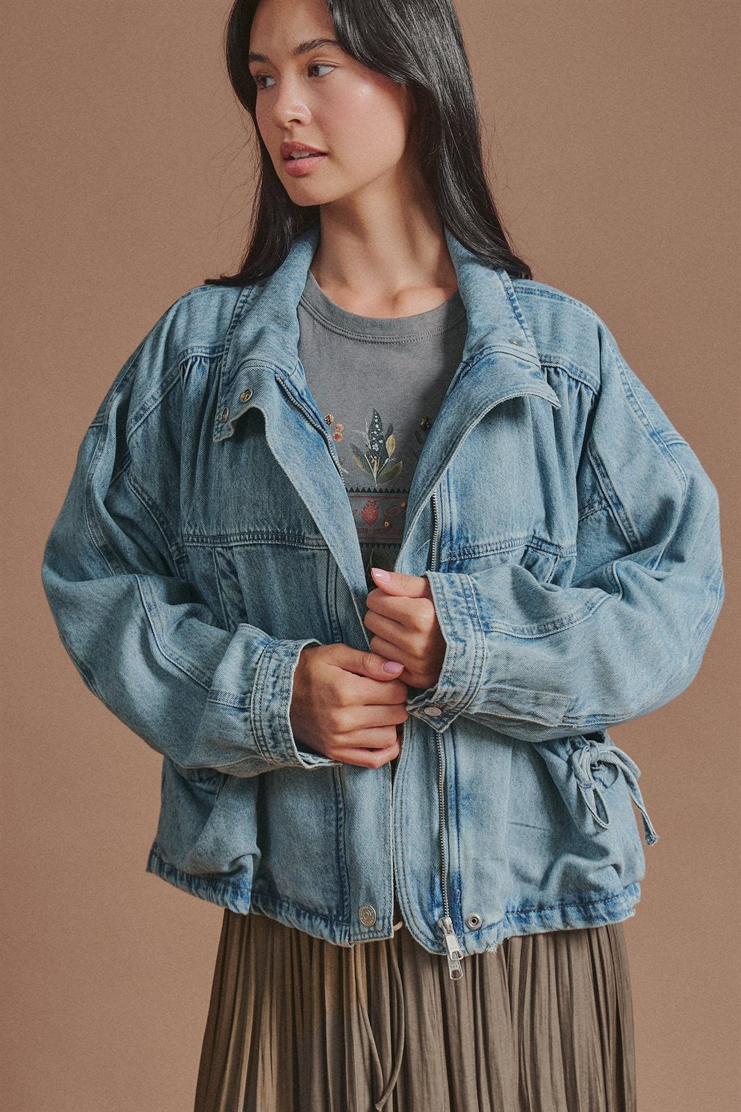 Vintage Washed Drawstring Denim Jacket with Stand Collar in Denim - Women's Wholesale Fashion | Trend Notes