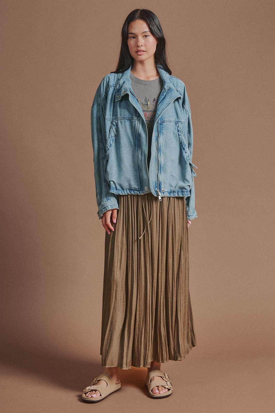 Vintage Washed Drawstring Denim Jacket with Stand Collar in Denim - Women's Wholesale Fashion | Trend Notes