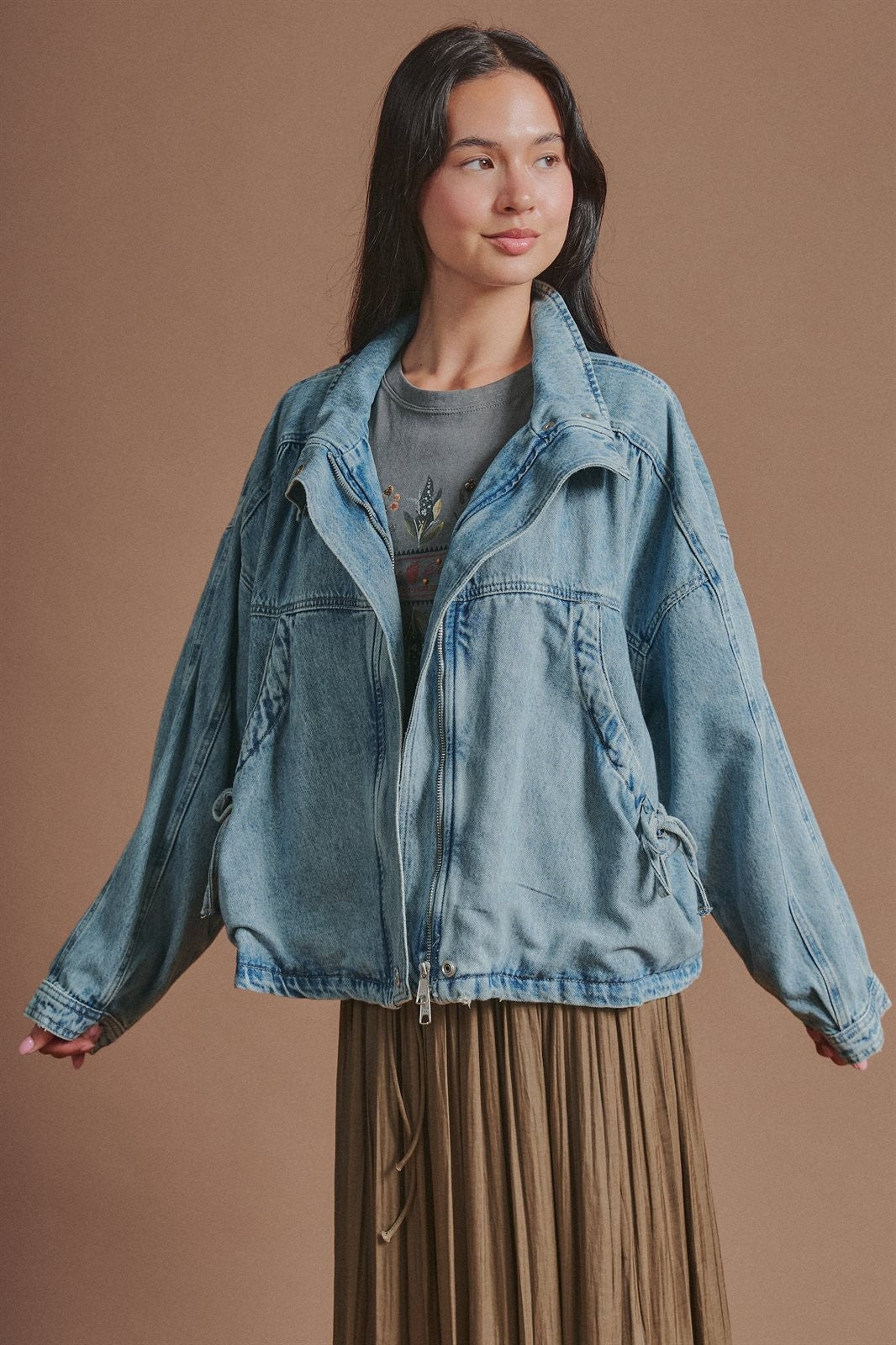 Vintage Washed Drawstring Denim Jacket with Stand Collar in Denim - Women's Wholesale Fashion | Trend Notes