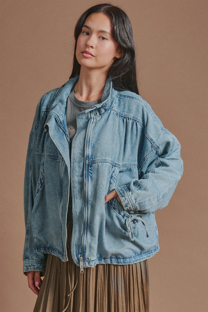 Vintage Washed Drawstring Denim Jacket with Stand Collar in Denim - Women's Wholesale Fashion | Trend Notes