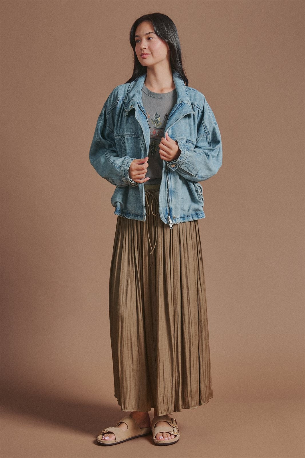 Vintage Washed Drawstring Denim Jacket with Stand Collar in Denim - Women's Wholesale Fashion | Trend Notes
