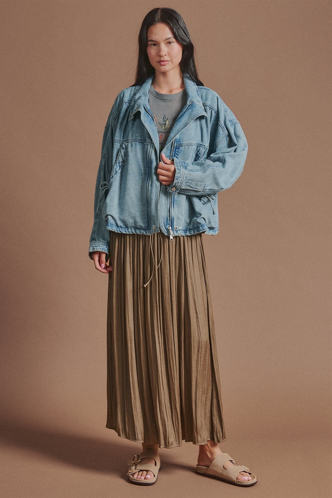 Vintage Washed Drawstring Denim Jacket with Stand Collar in Denim - Women's Wholesale Fashion | Trend Notes