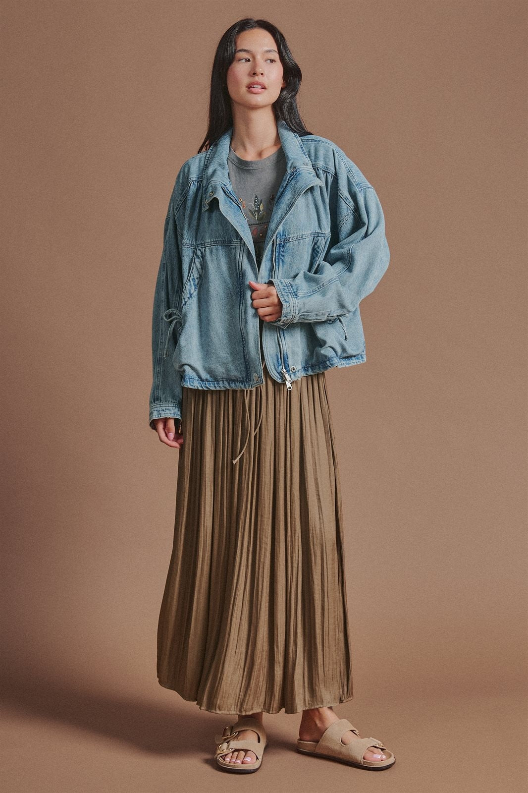 Vintage Washed Drawstring Denim Jacket with Stand Collar in Denim - Women's Wholesale Fashion | Trend Notes