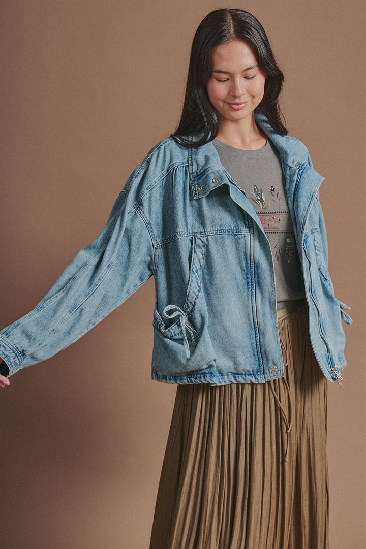 Vintage Washed Drawstring Denim Jacket with Stand Collar in Denim - Women's Wholesale Fashion | Trend Notes