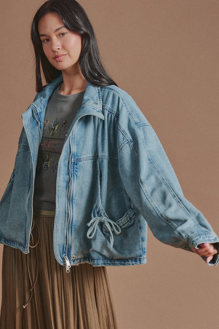 Vintage Washed Drawstring Denim Jacket with Stand Collar in Denim - Women's Wholesale Fashion | Trend Notes
