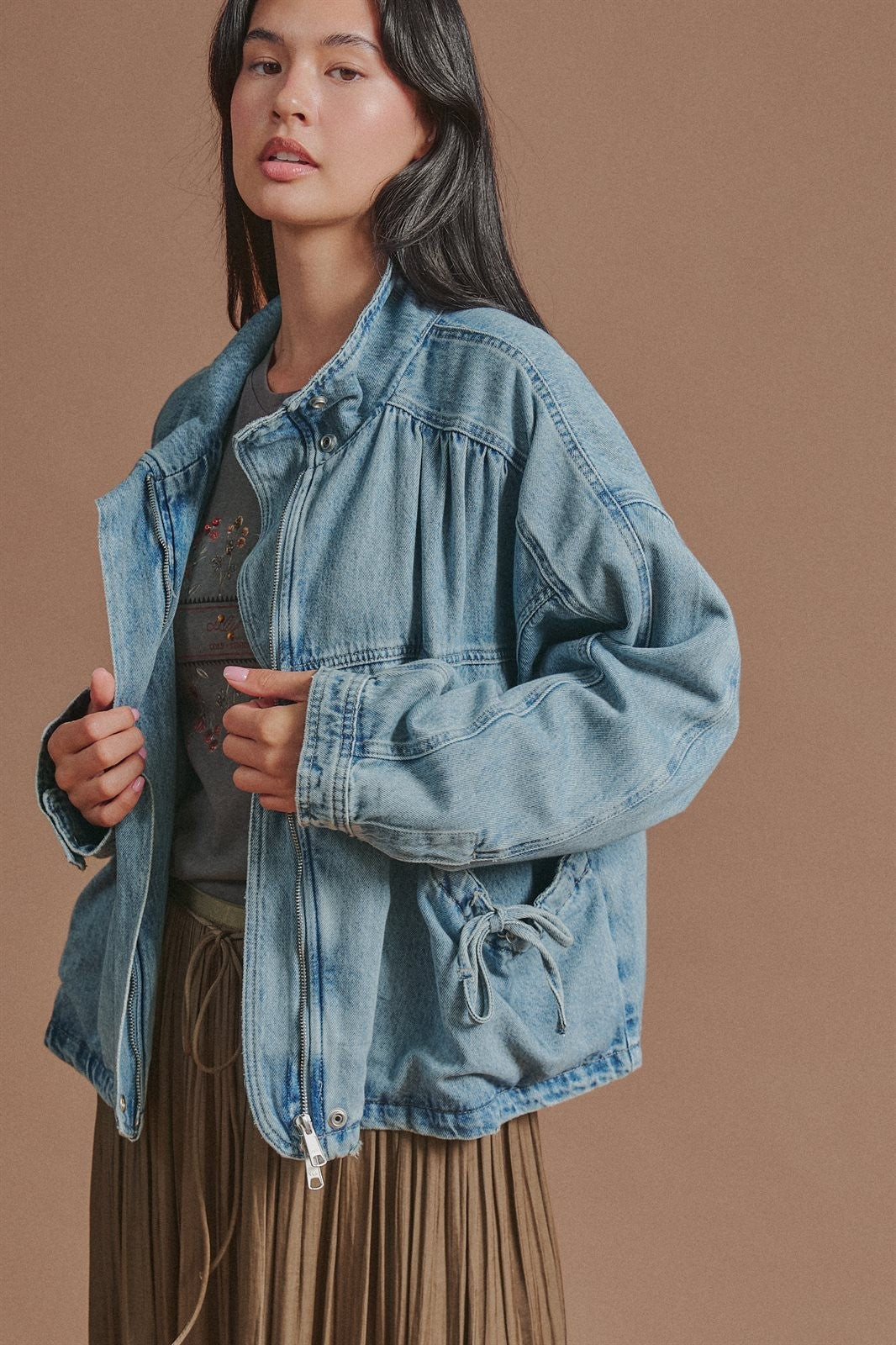 Vintage Washed Drawstring Denim Jacket with Stand Collar in Denim - Women's Wholesale Fashion | Trend Notes