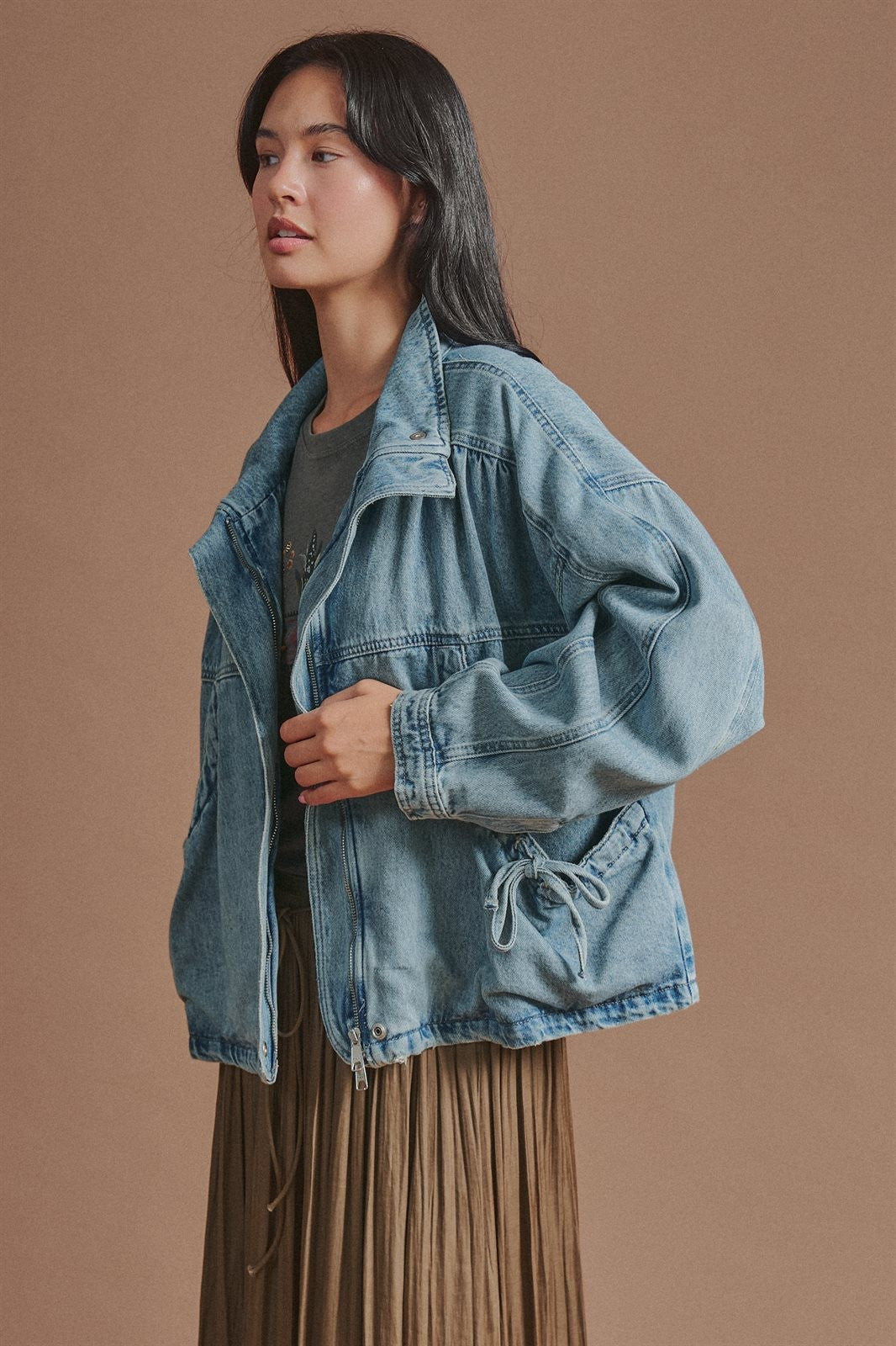 Vintage Washed Drawstring Denim Jacket with Stand Collar in Denim - Women's Wholesale Fashion | Trend Notes